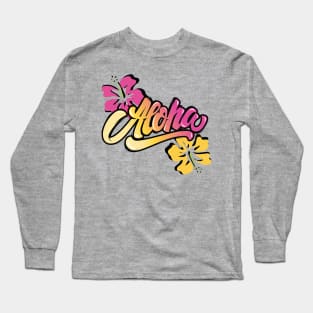 hawaiin inspired aloha with orange and pink hibiscus flowers Long Sleeve T-Shirt